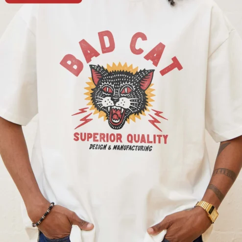 Bad Cat Superior Quality Design Manufacturing Tee Vintage Grunge Streetwear Graphic T-Shirt for Men on a hanger, ready to ship from Chicago, Illinois