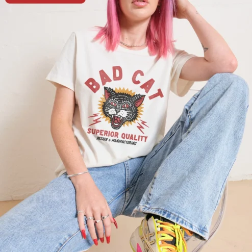 Bad Cat Superior Quality Design Manufacturing Tee Vintage Snarling Cat Graphic Shirt on a hanger, ready to ship from Chicago, Illinois