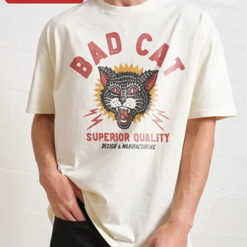 Bad Cat Superior Quality Design Manufacturing Vintage Rock Grunge Graphic Tee for Cat Lovers on a hanger, ready to ship from Chicago, Illinois