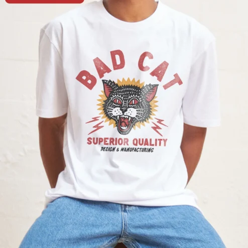 Customer in Chicago, Illinois wearing Bad Cat Superior Quality Design Manufacturing Vintage Rock Grunge Graphic Tee for Cat Lovers