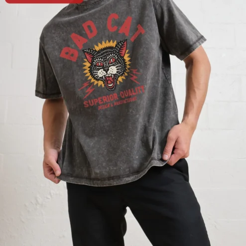 Bad Cat Superior Quality Design Manufacturing Vintage Tattoo Graphic Tee for Cat Lovers on a hanger, ready to ship from Chicago, Illinois