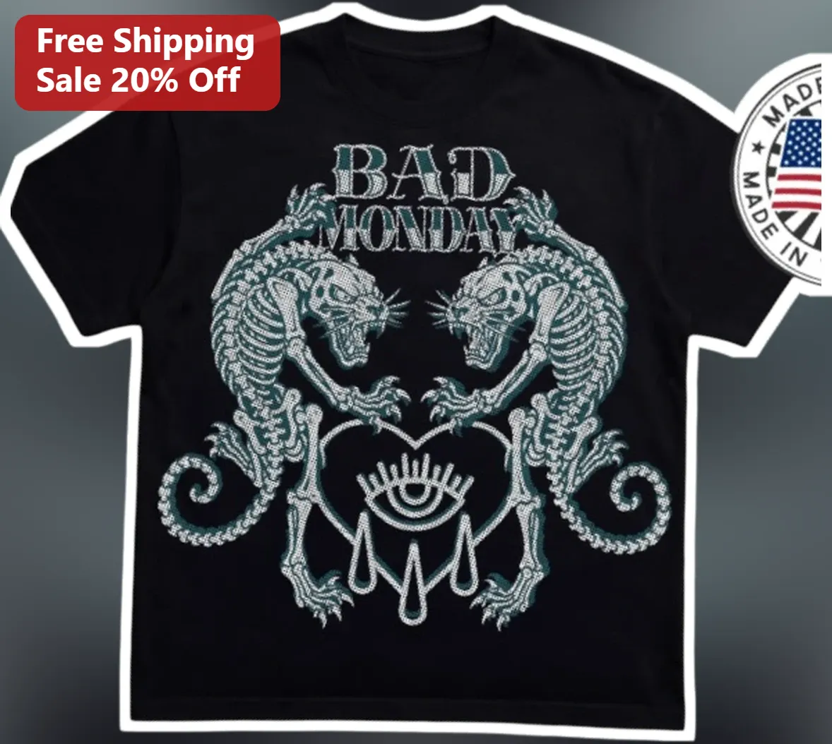 Bad Monday Gothic Skeleton Panther Heart Eye Graphic Tee