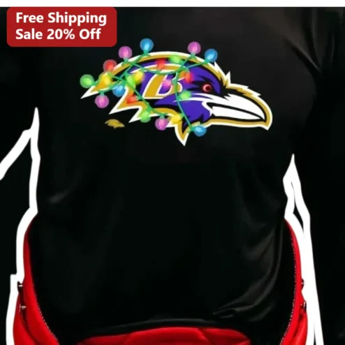 Baltimore Ravens Long Sleeve Shirt Christmas Lights Holiday Fan Apparel