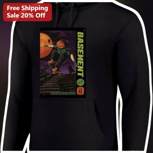 BASEMENT Hoodie Retro Halloween Pumpkin Skateboarder Graphic Pullover for Men Women Fans available at our Chicago, Illinois warehouse