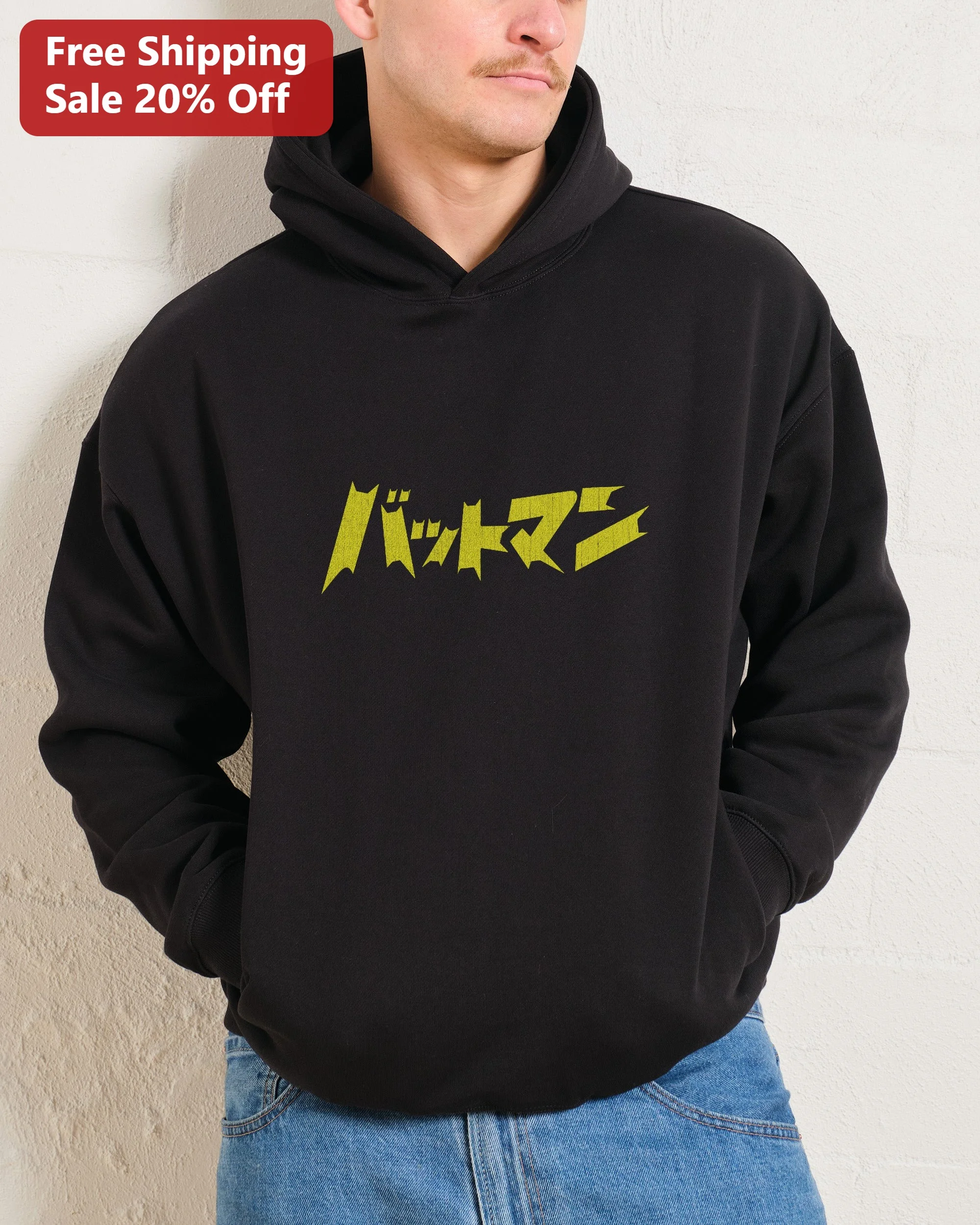Batman Japanese Katakana Graphic Hoodie for Men DC Comics Superhero Apparel