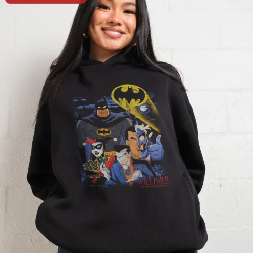 Batman The Animated Series Hoodie Retro DC Comics Harley Quinn Joker Two-Face Distressed Graphic Pullover
