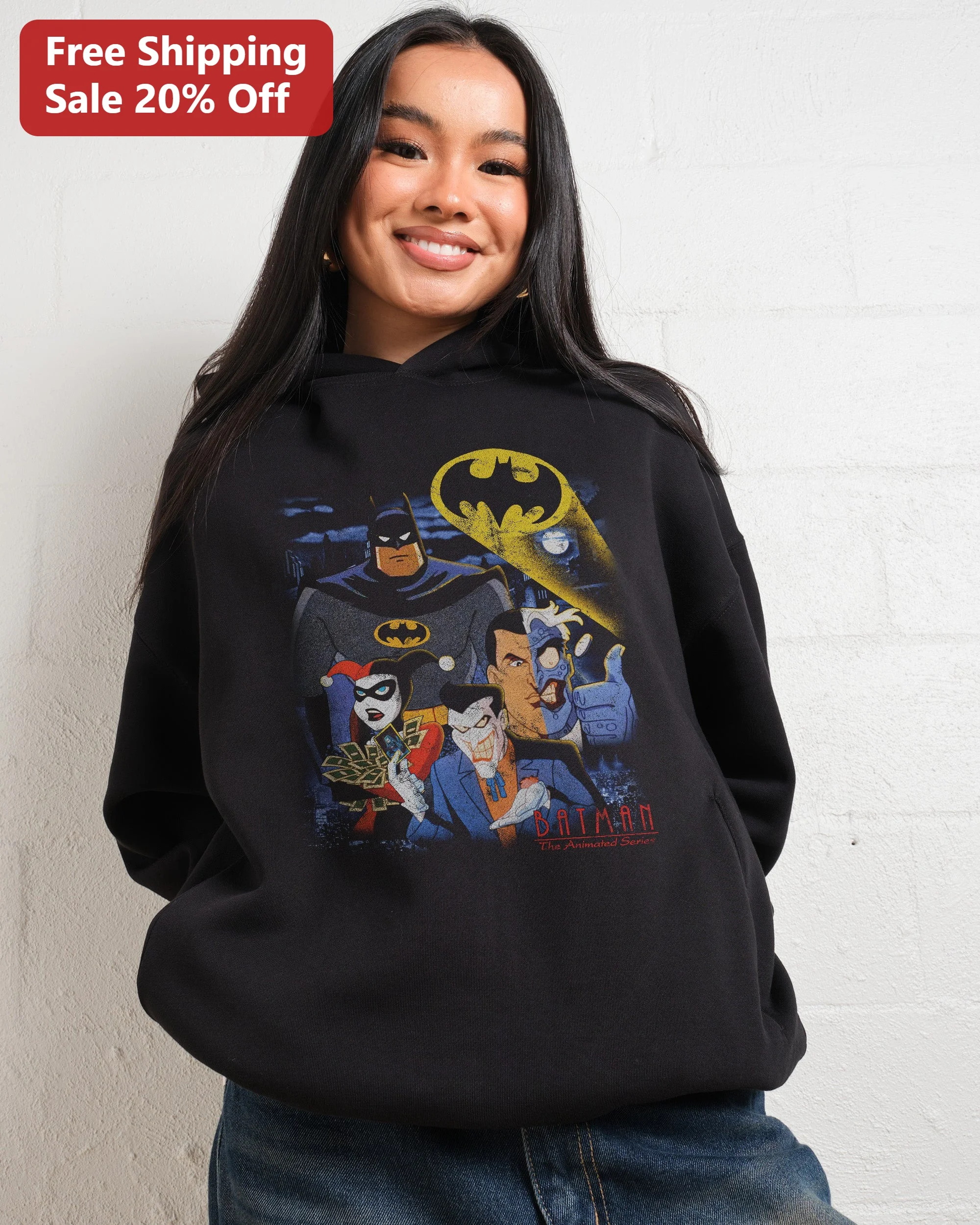 Batman The Animated Series Hoodie Retro DC Comics Harley Quinn Joker Two-Face Distressed Graphic Pullover