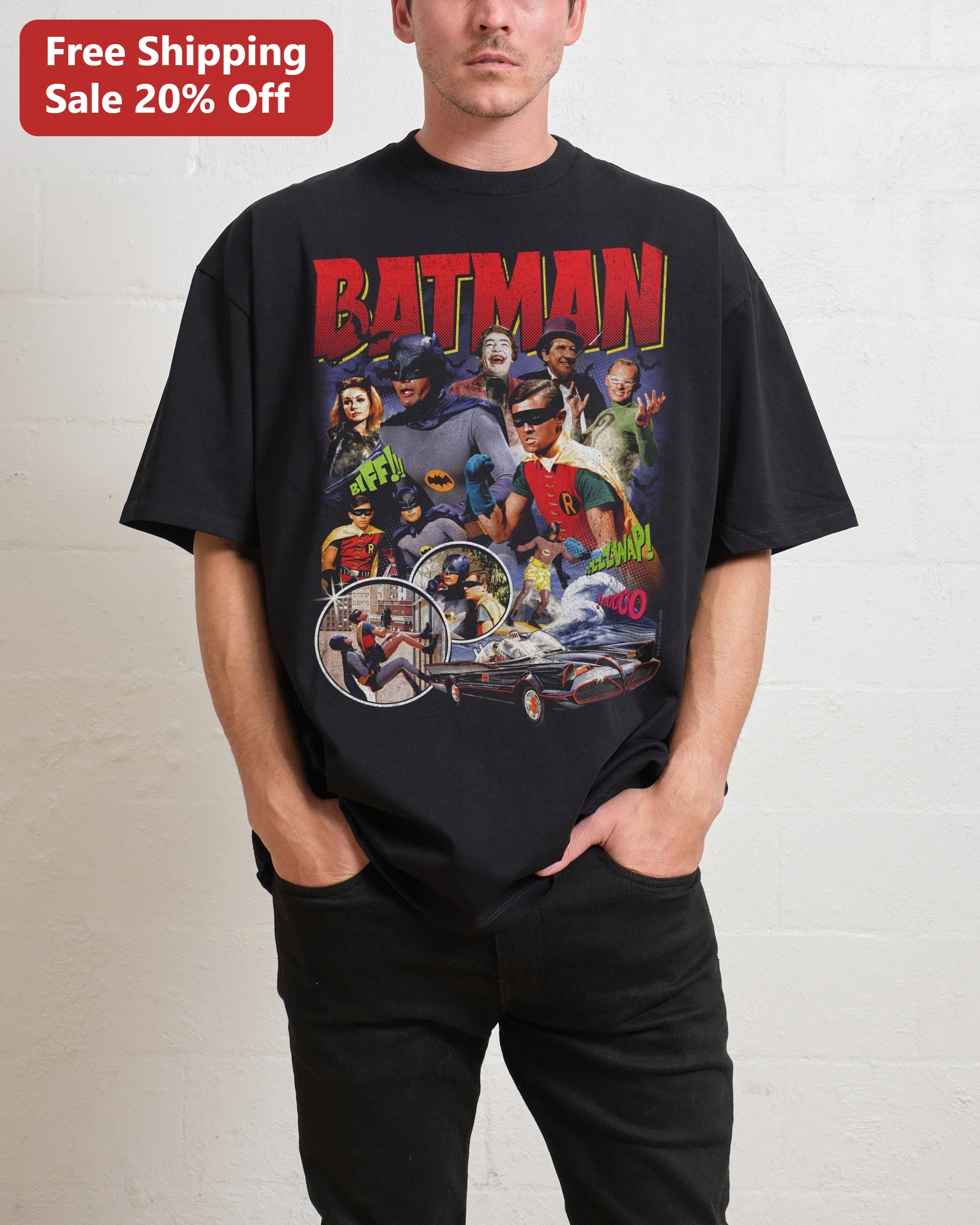 BATMAN Vintage 60s TV Series Cast Graphic Tee Retro Pop Art Comic Style Shirt for Men Women
