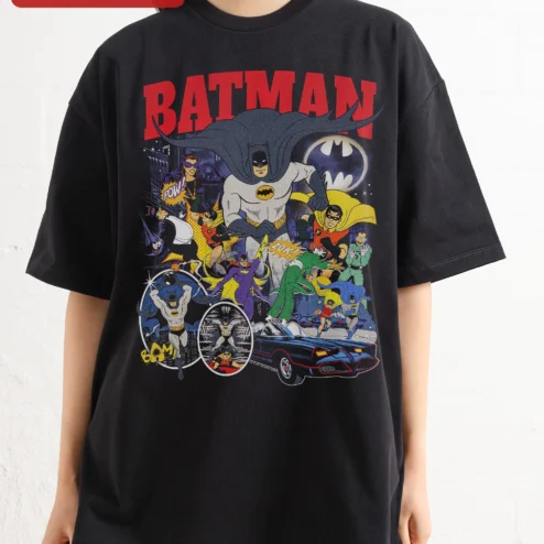 Batman Vintage Comic Book Graphic Tee Retro Adam West TV Series Black T-Shirt