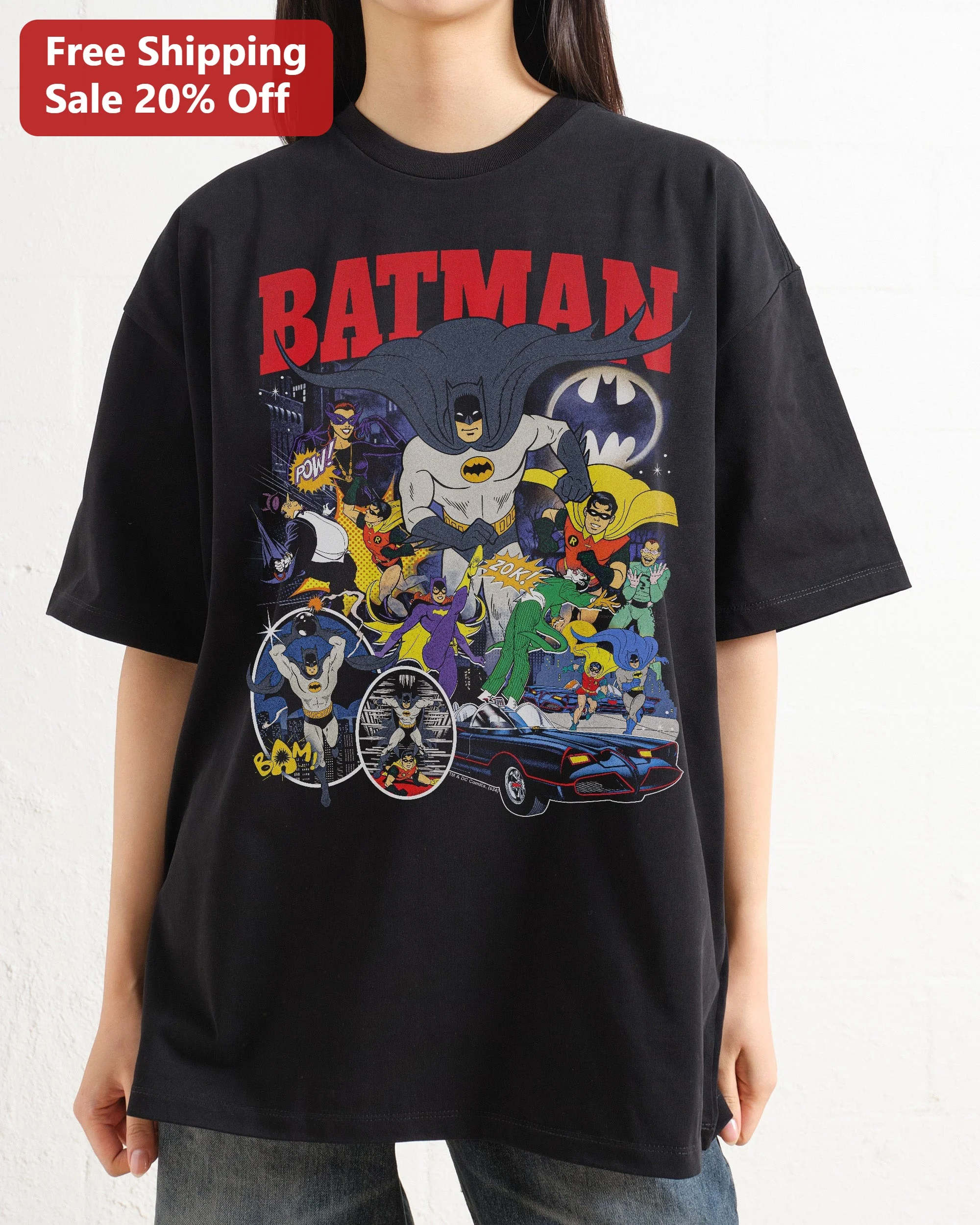 Batman Vintage Comic Book Graphic Tee Retro Adam West TV Series Black T-Shirt