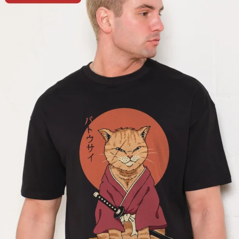 Battousai Neko Samurai Cat Graphic Tee Himura Kenshin Anime Shirt