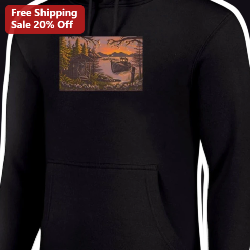 BAYSHINE INSTANTS Hoodie Rustic Cabin Sunset Lake Art Gift for Warriors Fans
