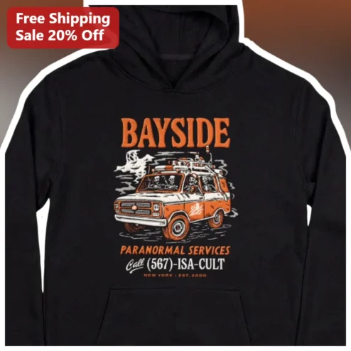 Bayside Paranormal Services Hoodie Ghostbusters Parody Skeleton Ecto-1 Halloween Gift available at our Chicago, Illinois warehouse