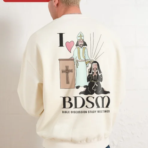 BDSM Bible Discussion Study Meetings Sweatshirt I Love BDSM Christian Kink Humor on a hanger, ready to ship from Chicago, Illinois