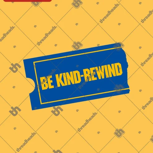 Be Kind Rewind Vintage Ticket Logo Tee Retro Cinema Nostalgia Graphic T-Shirt for Movie Fans on a hanger, ready to ship from Chicago, Illinois