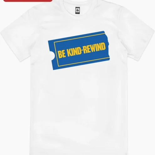 Close-up of Be Kind Rewind Vintage Ticket Logo Tee Retro Cinema Nostalgia Graphic T-Shirt for Movie Fans for streetwear fans in Chicago, Illinois