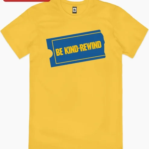 Customer in Chicago, Illinois wearing Be Kind Rewind Vintage Ticket Logo Tee Retro Cinema Nostalgia Graphic T-Shirt for Movie Fans