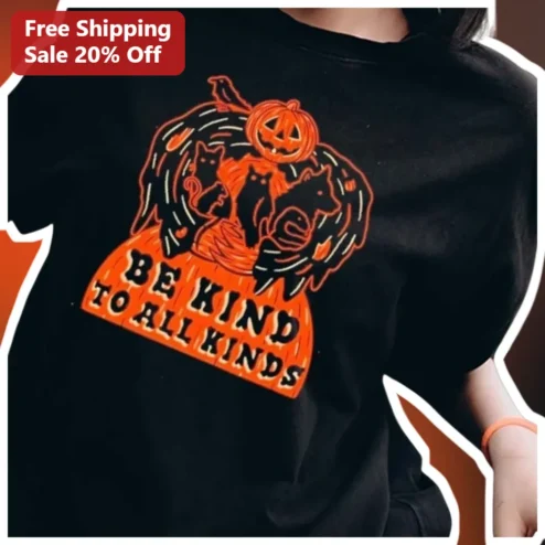 BE KIND TO ALL KINDS Halloween Cat Tee Spooky Cute Graphic Shirt for Women Men