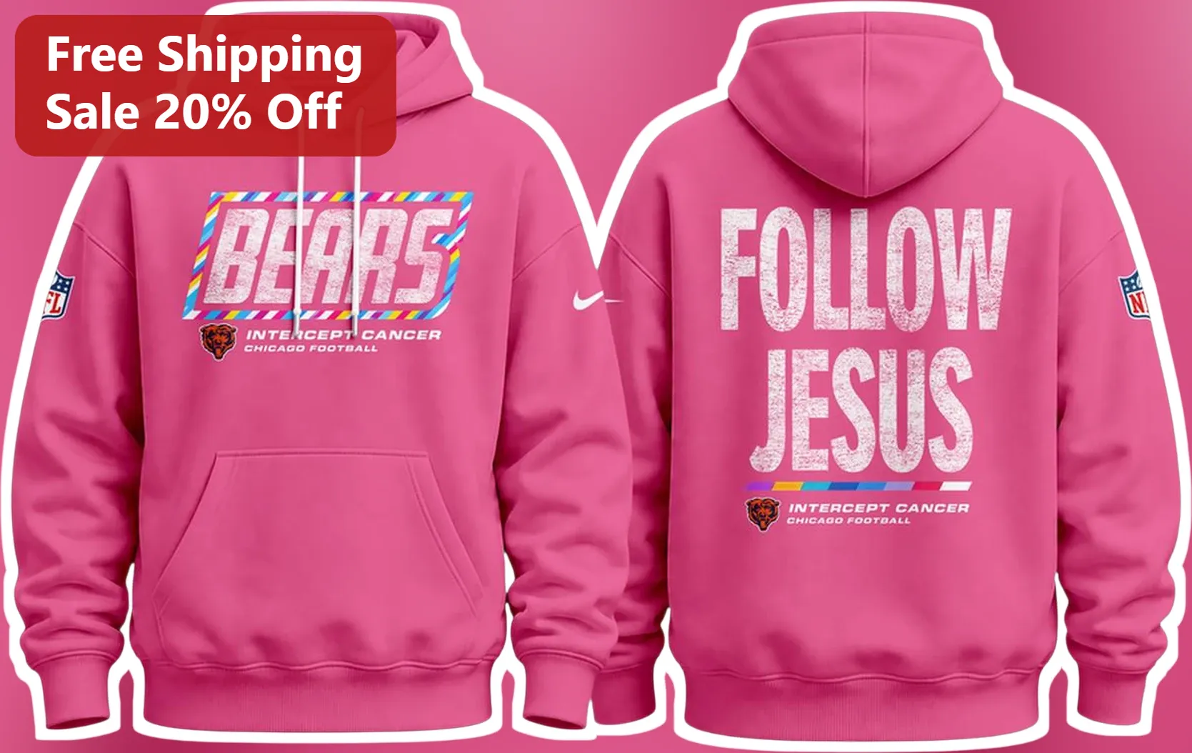 BEARS FOLLOW JESUS INTERCEPT CANCER Hoodie Christian Faith Breast Cancer Awareness Pink Pullover