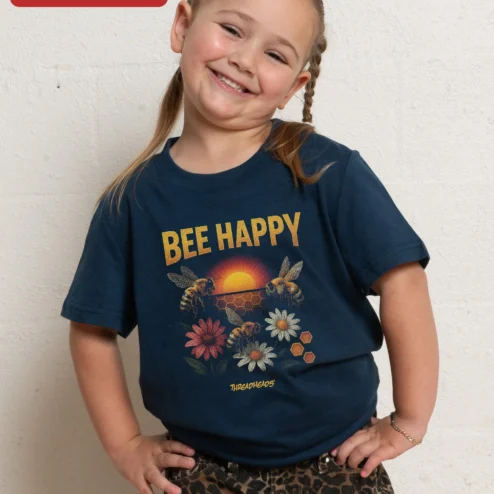Bee Happy Graphic Tee Cute Bee Pun Shirt for Kids Nature Lovers Beekeepers Gift on a hanger, ready to ship from Chicago, Illinois