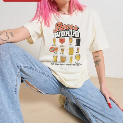 Beers of the World Tee Vintage Beer Glass Guide Graphic Shirt for Craft Beer Lovers on a hanger, ready to ship from Chicago, Illinois