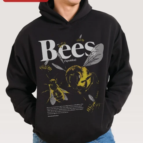 Bees (Apoida) Hoodie Vintage Scientific Honeybee Illustration for Entomologists and Beekeepers on a hanger, ready to ship from Chicago, Illinois