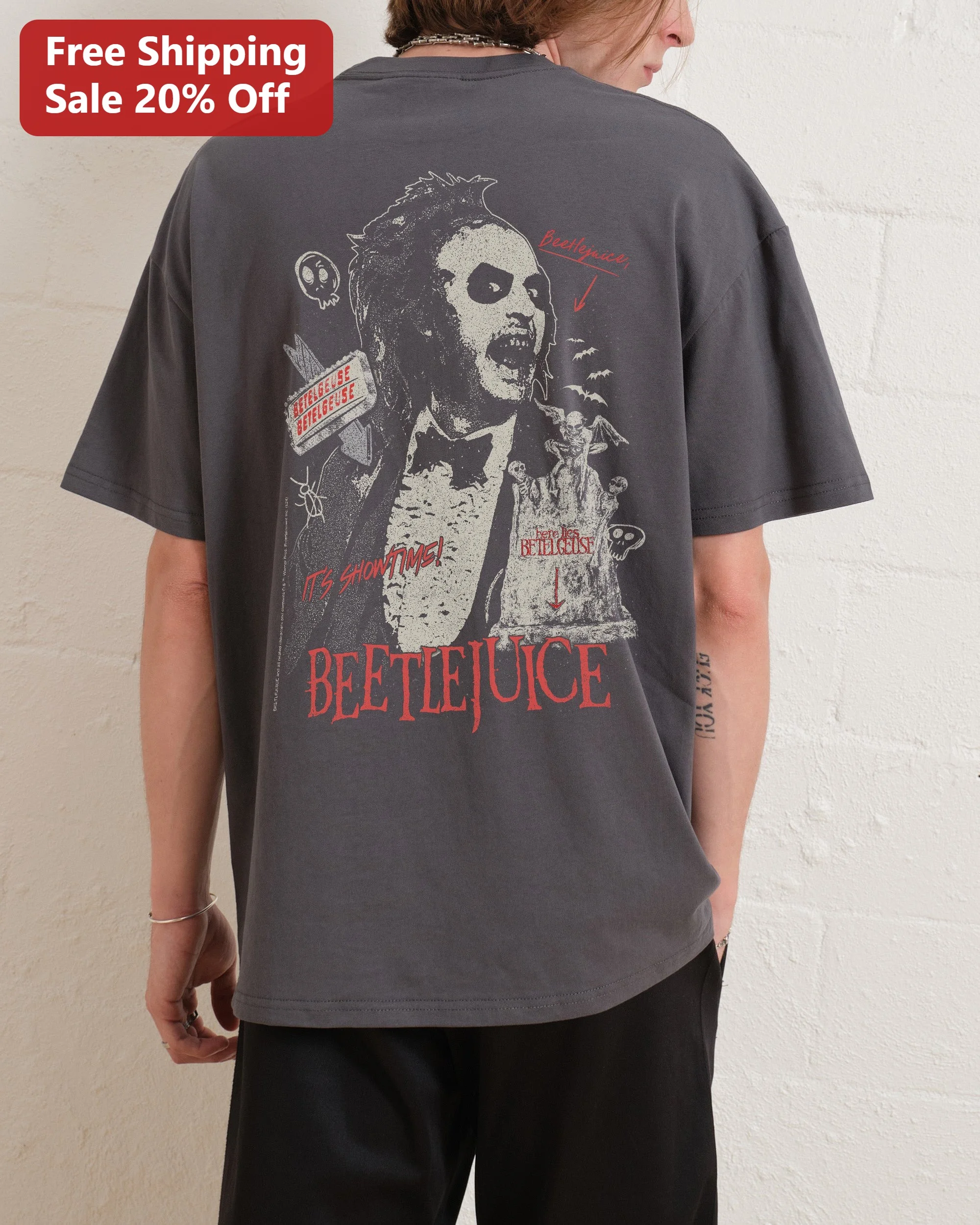 Beetlejuice It's Showtime Graphic Tee Retro Horror Movie Quote Shirt for Halloween