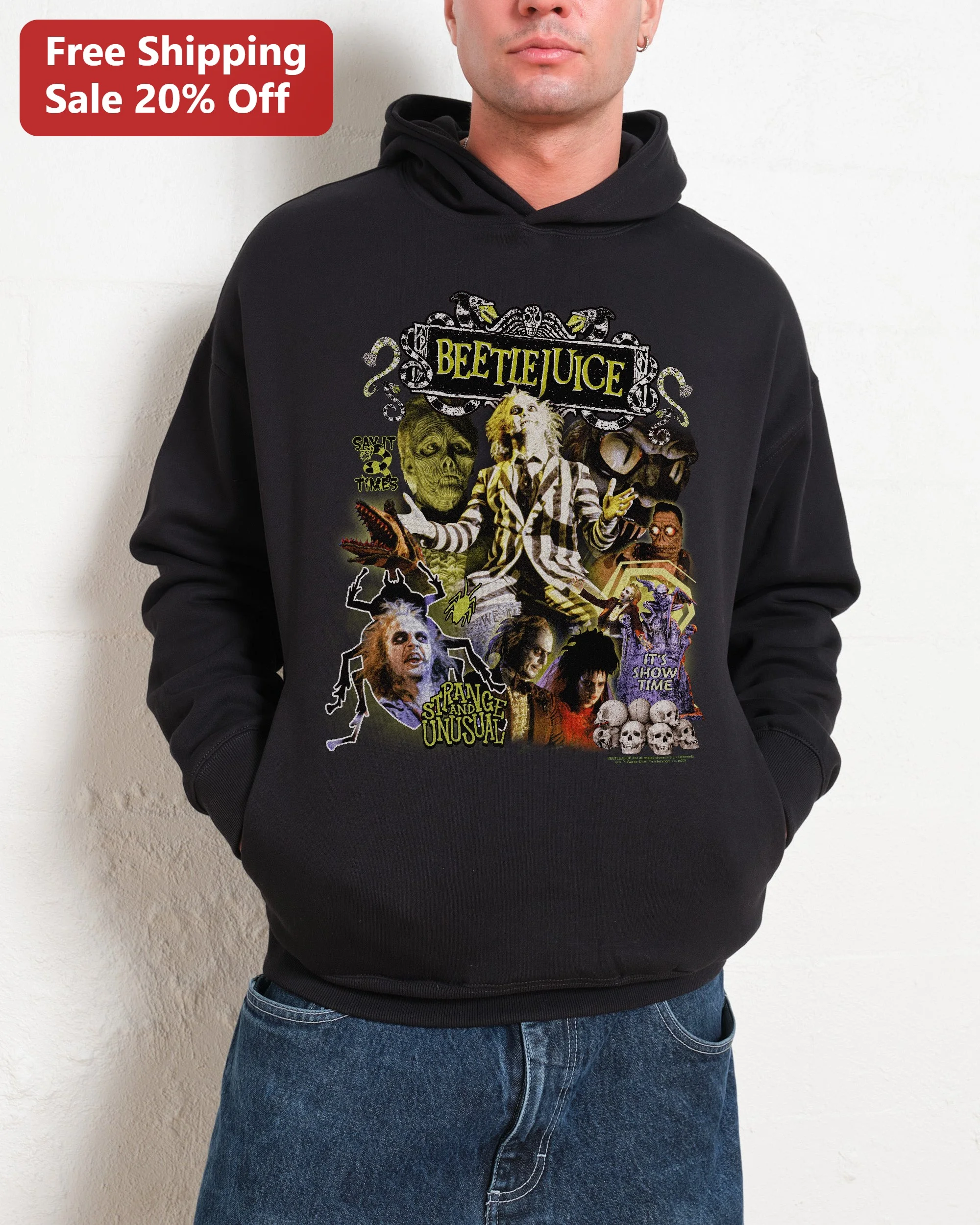 Beetlejuice Say It 3 Times Strange and Unusual Its Show Time Graphic Hoodie