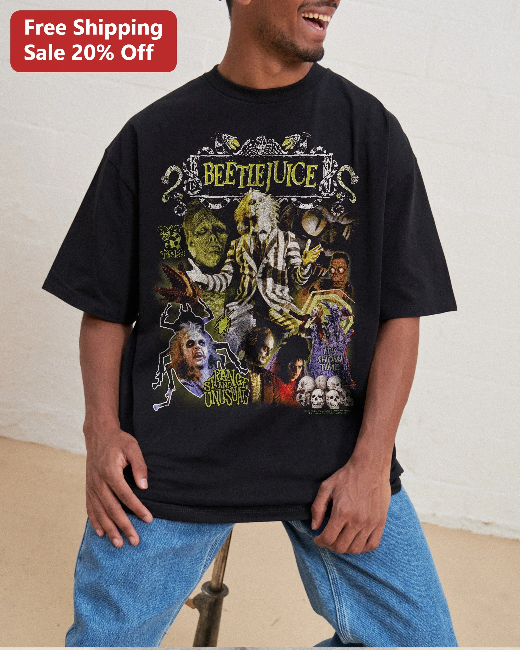 Beetlejuice Say It 3 Times Strange and Unusual Vintage Graphic Tee