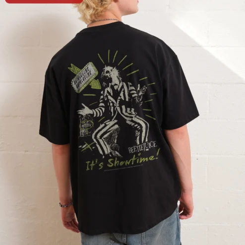 Beetlejuice Tee Vintage Gothic Logo Graphic T-Shirt for Men Women Halloween Horror Movie Fan Gift on a hanger, ready to ship from Chicago, Illinois