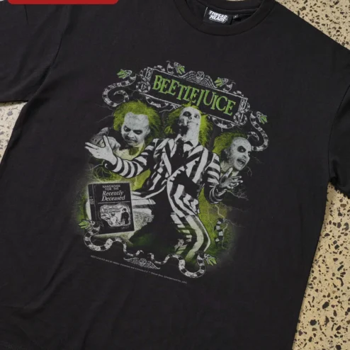 Beetlejuice Vintage Graphic Tee Tim Burton Horror Movie Shirt Halloween Gift on a hanger, ready to ship from Chicago, Illinois