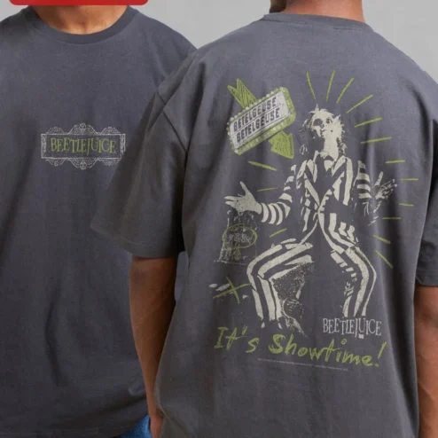 Close-up of Beetlejuice Vintage Horror Graphic Tee It's Show Time Retro Gothic Streetwear Shirt for streetwear fans in Chicago, Illinois