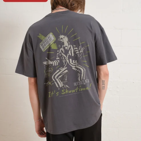 Close-up of Beetlejuice Vintage Horror Graphic Tee It's Show Time Retro Gothic Streetwear Shirt for streetwear fans in Chicago, Illinois