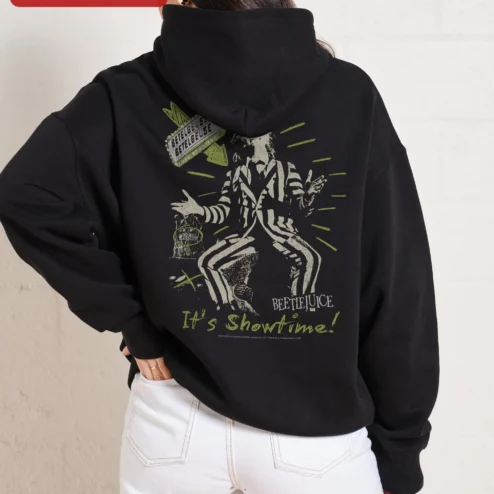 Beetlejuice Vintage Logo Graphic Hoodie Horror Movie Fan Merch Unisex Sweatshirt on a hanger, ready to ship from Chicago, Illinois