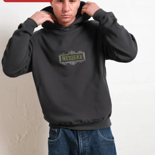 Close-up of Beetlejuice Vintage Logo Graphic Hoodie Horror Movie Fan Merch Unisex Sweatshirt for streetwear fans in Chicago, Illinois