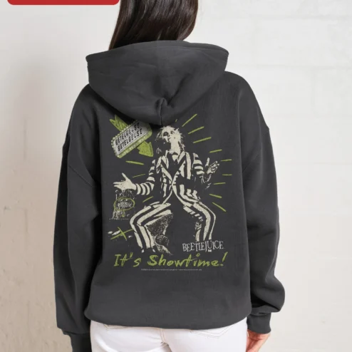Customer in Chicago, Illinois wearing Beetlejuice Vintage Logo Graphic Hoodie Horror Movie Fan Merch Unisex Sweatshirt