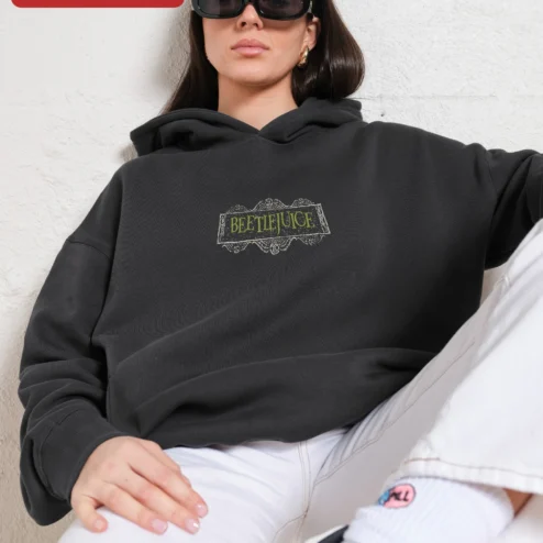 Close-up of Beetlejuice Vintage Logo Graphic Hoodie Horror Movie Fan Merch Unisex Sweatshirt for streetwear fans in Chicago, Illinois