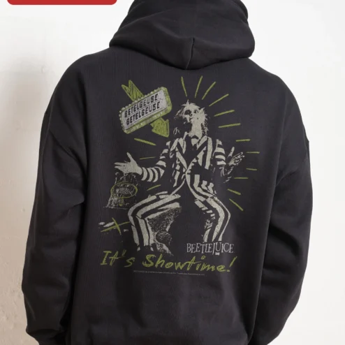 Customer in Chicago, Illinois wearing Beetlejuice Vintage Logo Graphic Hoodie Horror Movie Fan Merch Unisex Sweatshirt