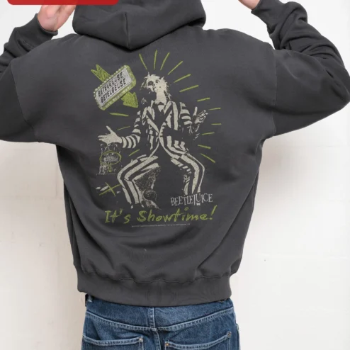Close-up of Beetlejuice Vintage Logo Graphic Hoodie Horror Movie Fan Merch Unisex Sweatshirt for streetwear fans in Chicago, Illinois