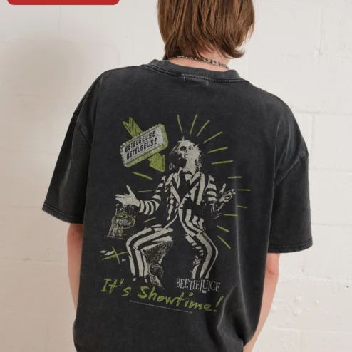 Beetlejuice Vintage Striped Graphic Tee Unisex Acid Wash Horror Movie Shirt on a hanger, ready to ship from Chicago, Illinois