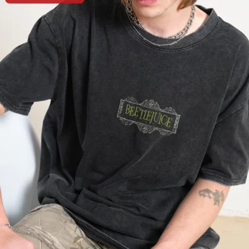 Beetlejuice Vintage Striped Graphic Tee Unisex Acid Wash Horror Movie Shirt