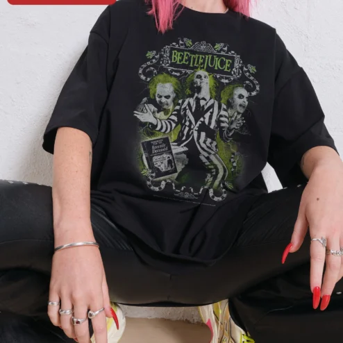 Beetlejuice Vintage Striped Suit Graphic Tee for Men Women Halloween Horror Movie Shirt on a hanger, ready to ship from Chicago, Illinois