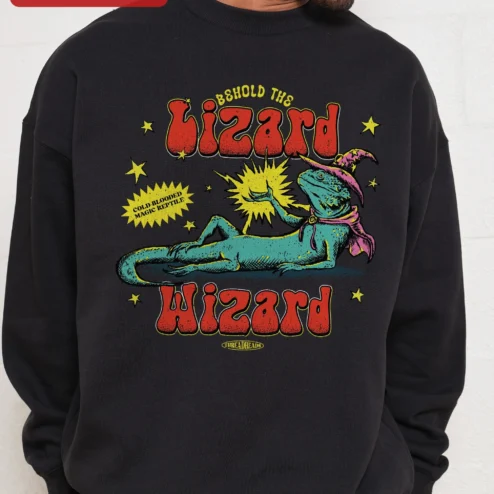 Behold The Lizard Wizard Cold-Blooded Magic Reptile Sweatshirt on a hanger, ready to ship from Chicago, Illinois