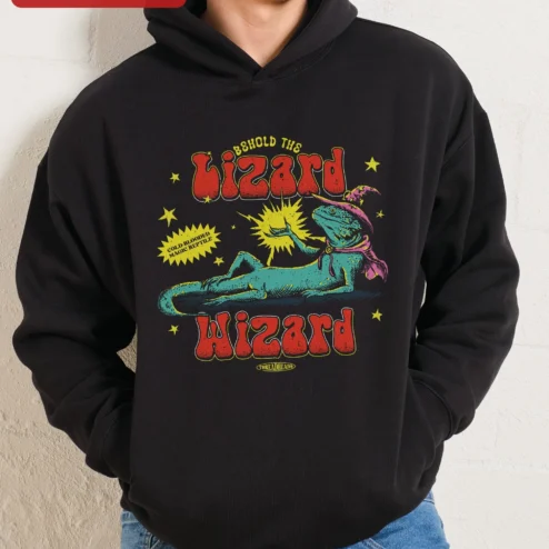 Behold The Lizard Wizard Hoodie Cold Blooded Magic Reptile Graphic Pullover For Fantasy Fans And Rep on a hanger, ready to ship from Chicago, Illinois