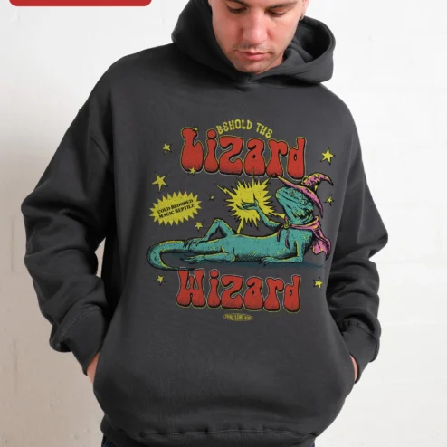 Customer in Chicago, Illinois wearing Behold The Lizard Wizard Hoodie Cold Blooded Magic Reptile Graphic Pullover For Fantasy Fans And Rep