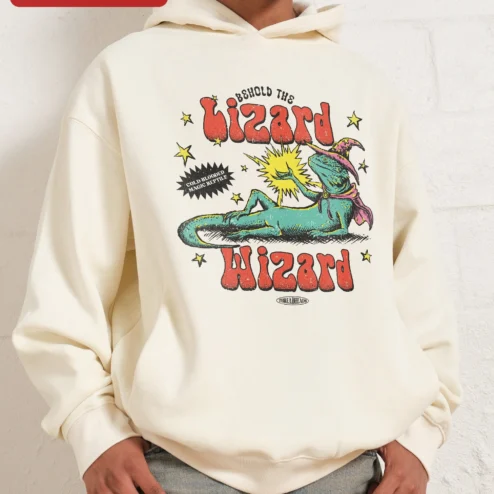 Close-up of Behold The Lizard Wizard Hoodie Cold Blooded Magic Reptile Graphic Pullover For Fantasy Fans And Rep for streetwear fans in Chicago, Illinois