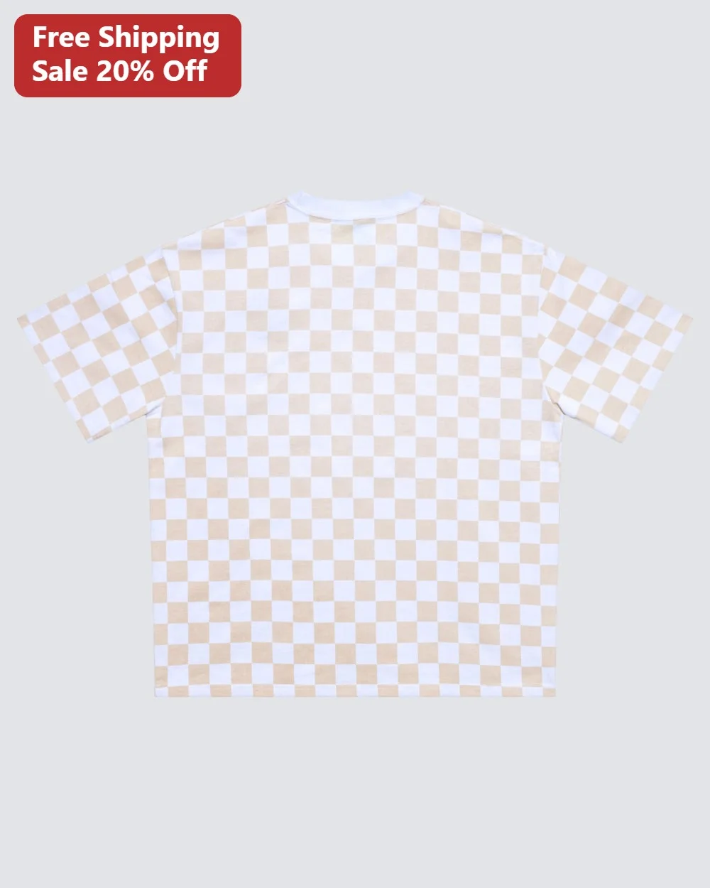 Beige Checkerboard Pattern Tee Retro Streetwear Checkered Shirt Unisex Cotton Top