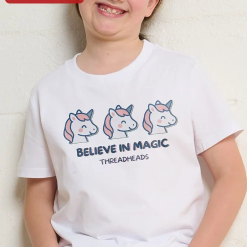 Close-up of Believe In Magic Unicorn Kids Tee Cute Cartoon Graphic T-Shirt For Toddlers for streetwear fans in Chicago, Illinois
