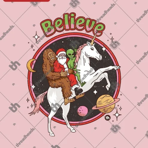 Believe Tee Funny Christmas Santa Bigfoot Alien Unicorn Graphic Shirt Holiday Gift on a hanger, ready to ship from Chicago, Illinois