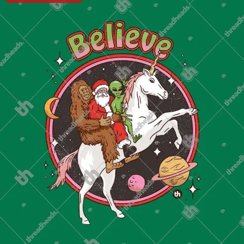 Customer in Chicago, Illinois wearing Believe Tee Funny Christmas Santa Bigfoot Alien Unicorn Graphic Shirt Holiday Gift